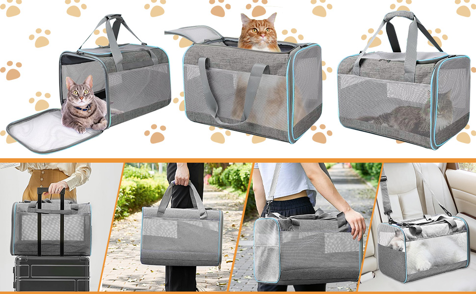 Транспортна переноска для кота KunpengZen, переноска для собаки, складана, з регульованим плечовим ременем, знімним плюшевим матрацом, для котів до 7.5 кг, для подорожей, авто, до ветеринара, блакитна