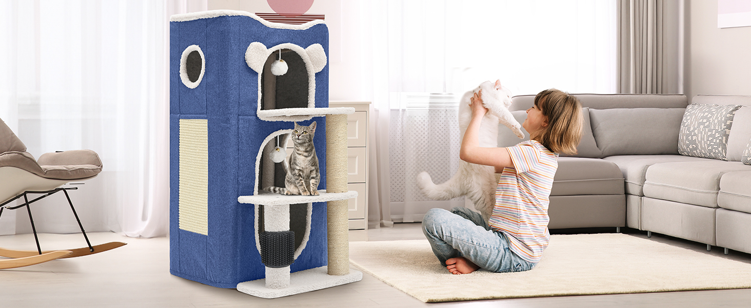 Дім для котів YITAHOME: сучасний комплекс з тунелем, когтеточкою та ігровим майданчиком для кількох кошенят (блакитний)