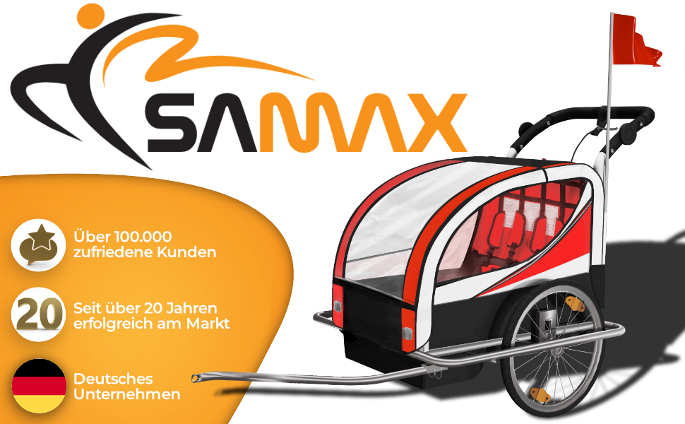 SAMAX Fahrradanhänger Jogger 2in1: Дитячий велопричіп-коляска 2в1, обертання 360°, для 2 дітей, червоний, сірий фрейм