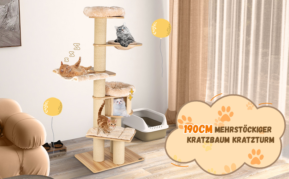 Багатоповерховий котячий комплекс COSTWAY з дерева, 191 см: кігтеточка, гамак, будиночок, кошик, стовпчики з сизалю, активний ігровий комплекс для котів, бежевий, 6 поверхів