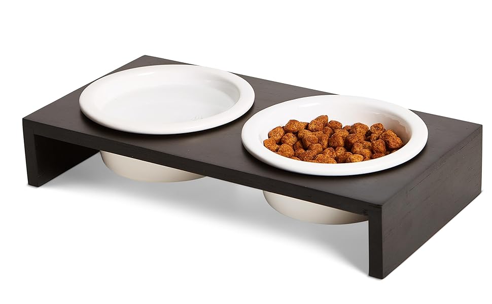 Підвищена годівниця для котів PETLINUS: керамічна та дерев'яна, для котів та маленьких собак (чорна)