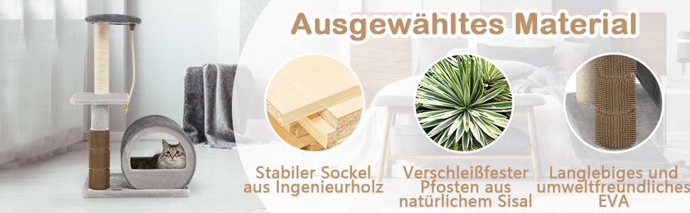 Дерев'яний кігтеточки для котів COSTWAY 92 см з печерою, бамбук, килимок, щітка, м'яч, кріплення, активний комплекс (сірий)