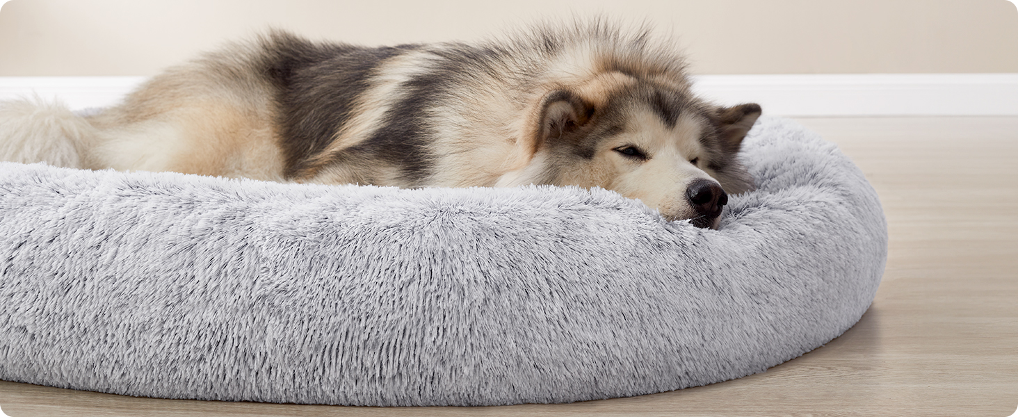 Кругле ліжко для собак та котів Feandrea з м'яким плюшем, діаметр 140 см, Ombré-Сірий колір, знімний наповнювач