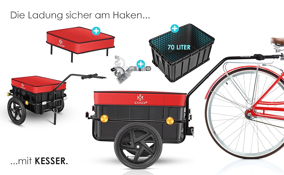 Причіп для велосипеда KESSER®: вантажний, ручний, 70 літрів, для 2 ящиків пива, 26-28 дюймів (червоний)