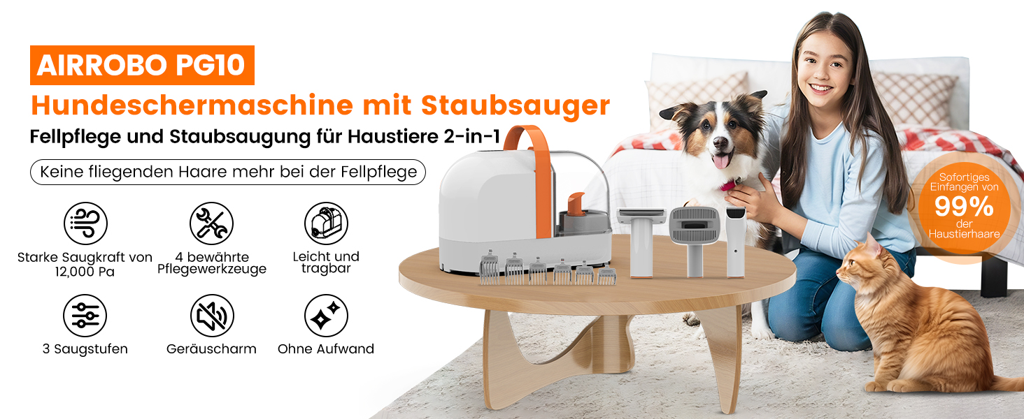 Машина для стрижки собак AIRROBO з пилососом 12000 Pa, щітка для видалення шерсті для собак і котів, тиха машинка для стрижки собак з інструментами для догляду, контейнер для пилу 1.4L, PG10 Білий