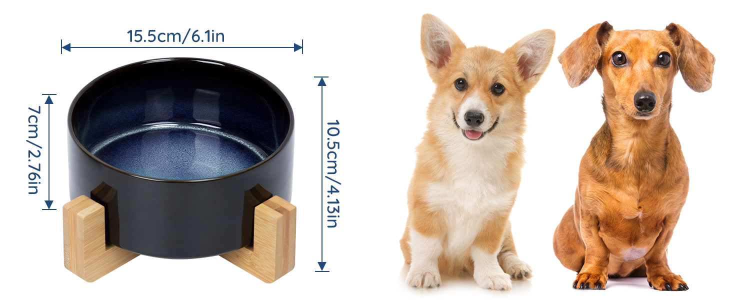 Набір мисок для собак та котів SPUNKYJUNKY з кераміки, 2 шт., 400 мл, блакитний, з підставкою з бамбука
