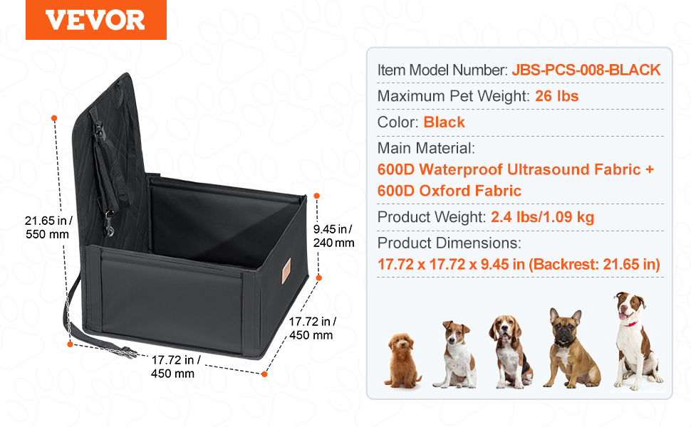 Автокрісло для собак VEVOR: підняття, безпечна мотузка, бавовняна підкладка, до 12 кг (Чорний)
