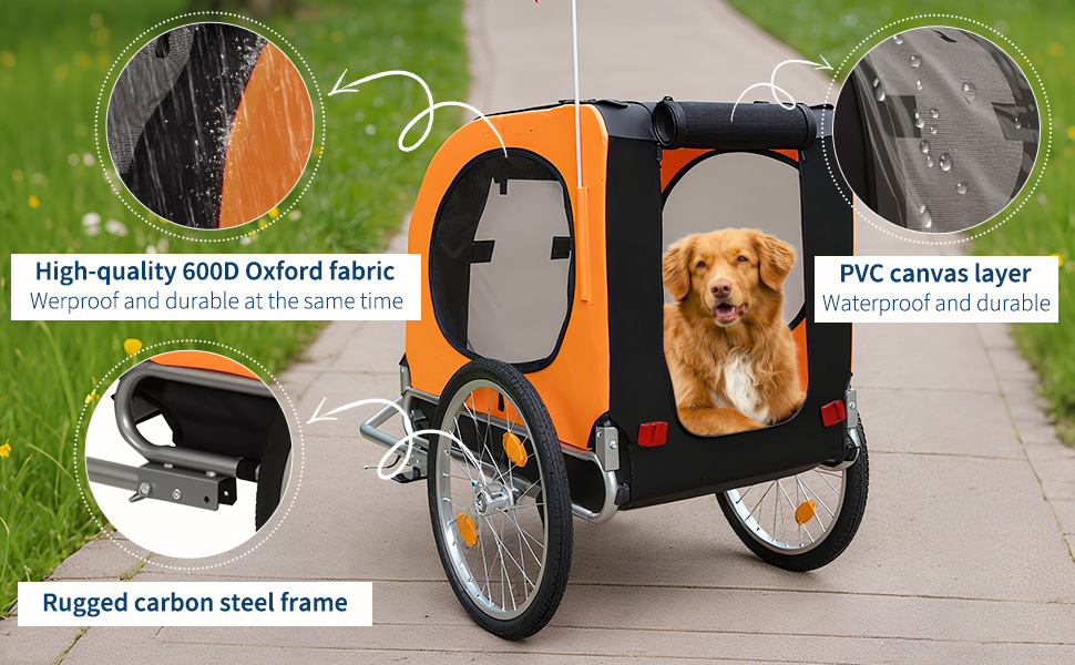 Дитячий велосипед-причеп для собак до 40 кг – з безпечною лідкою, прапорцем, 20-дюймовими шинами, амортизацією, водонепроникним покриттям з ПВХ, сталевим каркасом, вентиляційними вікнами – помаранчевий
