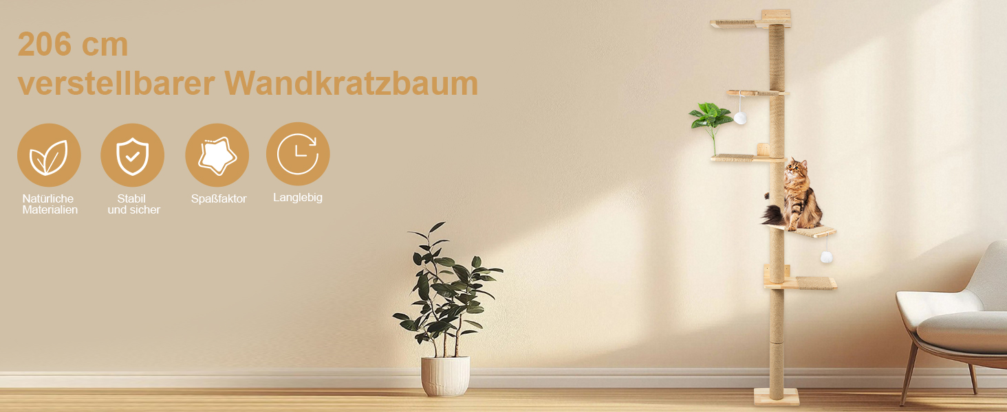 Кігтеточка для котів Youyijia 206 см з натурального каучукового дерева, 5 ярусів, настінна, з розширеною основою, плюшевими кульками, 360° обертання, XXL кігтеточка для котів