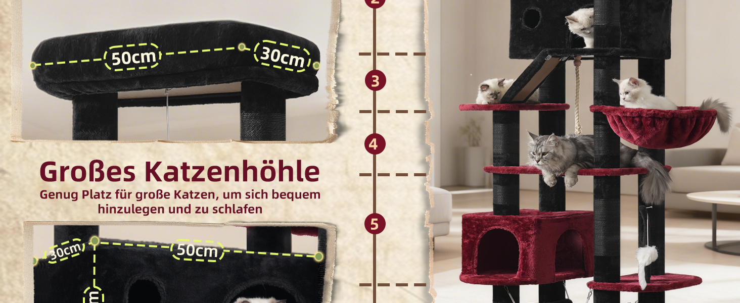 Великий котячий будиночок Kratzbaum: стабільний, 200 см, з платформами, гамаком, сизалевими стовпчиками (чорний та червоний)