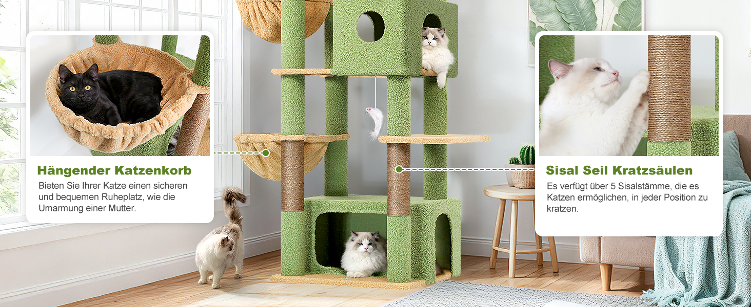 Драбина для котів Globlazer 204 см з 3 будиночками, 2 великими платформами, 3 м'якими кошиками, стабільна, для 3-5 котів, відпочинок, ігри, дряпання, зелений (XXL)