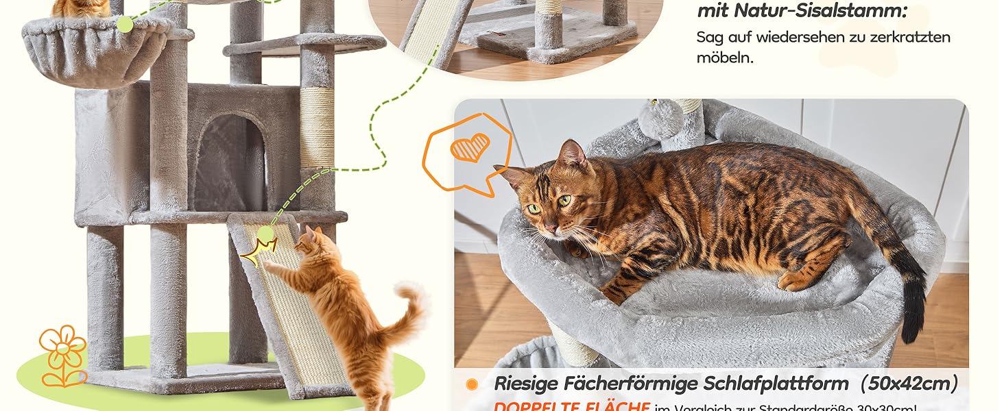 Дерево для котів Taoqimiao 183 см, велике XXL, з будиночком, гамаком, стійке, сірого кольору MS045W