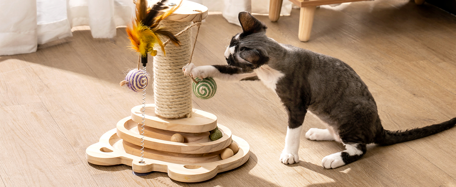 Іграшка для котів MEWOOFUN з дерева, роликовий іграшковий центр з двошаровим обертовим диском, інтерактивна іграшка з пір'ям, 3-в-1 іграшка для кошенят з інтерактивними м'ячиками та висячими кульками, дряпка для котів (маленька)