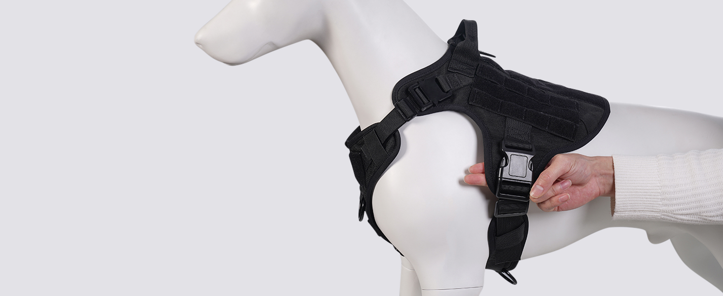 Шлейка для собак Rabbitgoo великих порід, без натягу, тактична з MOLLE, металеві пряжки, дихаюча, військова, чорна, L