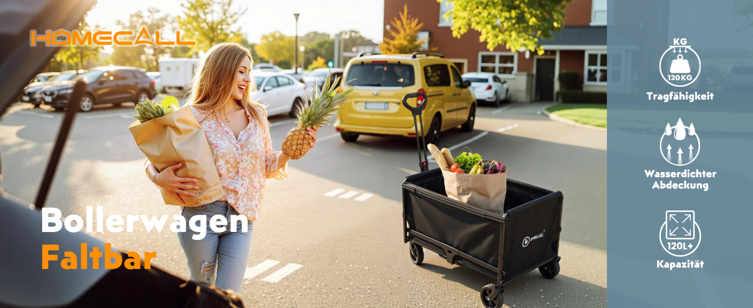 Складаний візок Bollerwagen 120L, до 120 кг з дощеміцким покриттям, тримачем для напоїв, світловідбиваючими смугами. Ідеальний для собак, покупок, кемпінгу, пляжу, транспортування та відпочинку на природі.