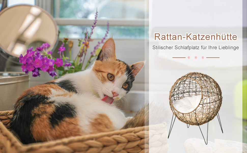 Кігтечка Pawhut для котів: затишна хатинка-ліжко з ротангу, коричнева, Ø45 x 57 см