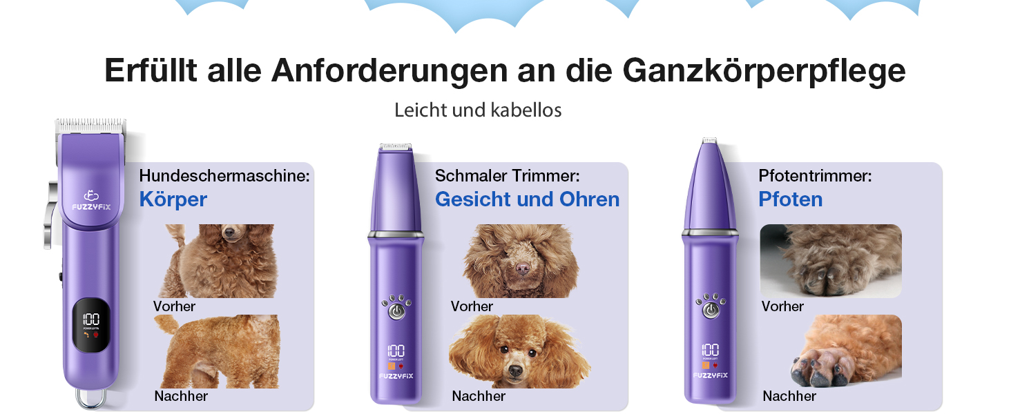 Набір для стрижки собак 3 в 1: машинка, тример для лап, для густого шерсті, тиха робота, фіолетовий