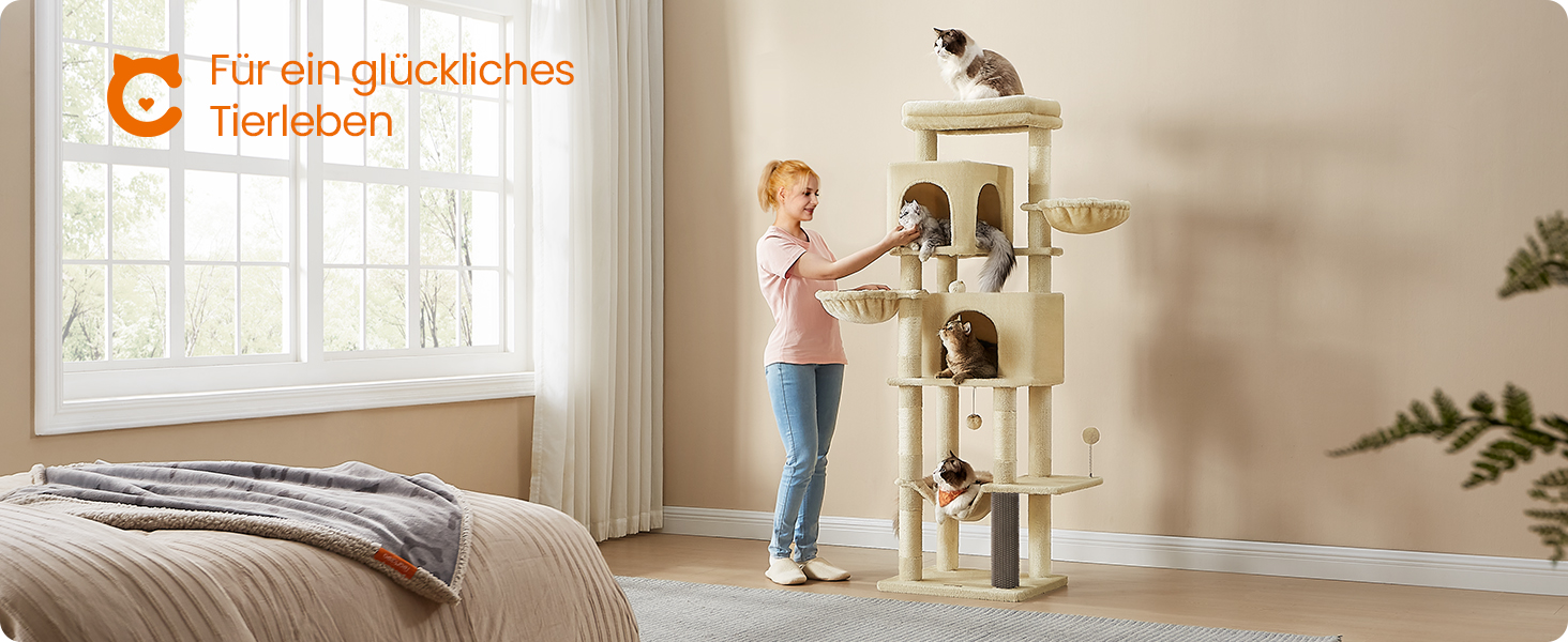 Дерев'яний будиночок для котів Feandrea, 175 см, XL, багатоярусний, з 2 будиночками, 2 лежаками, 5 стовпчиками для шліфування, щіткою для котів, великою платформою, пісочно-бежевий