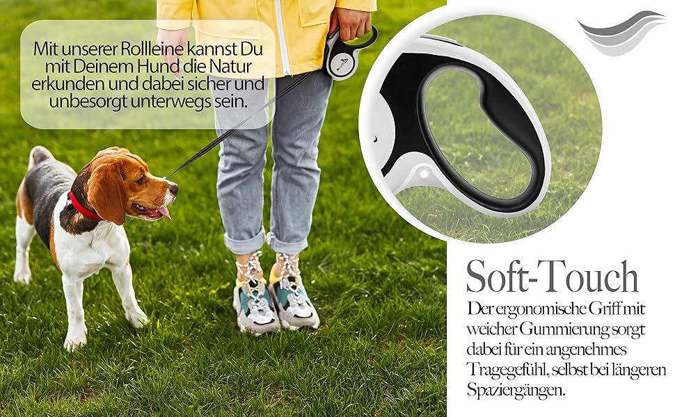 Рулетка для собак до 20 кг Bluzelle з відбиваючими смугами, металевим карабіном, надійним гальмом та зручною ручкою, розмір S