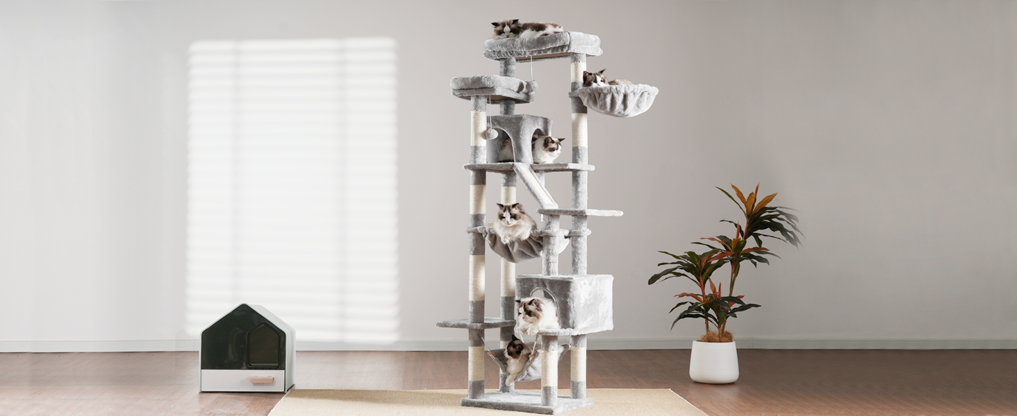 Кігтеточка-будинок для котів Heybly HCT034G, 180 см, сірий, з 2 платформами, 2 будиночками, гамаком, корзиною та когтеточкою