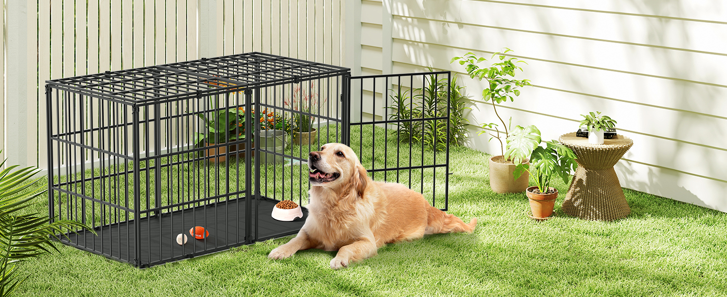 Міцний собачий переносний клітка Pawaboo 56 дюймів: надійний, з килимком, антивандальний, з металевим вольєром та замком, чорний
