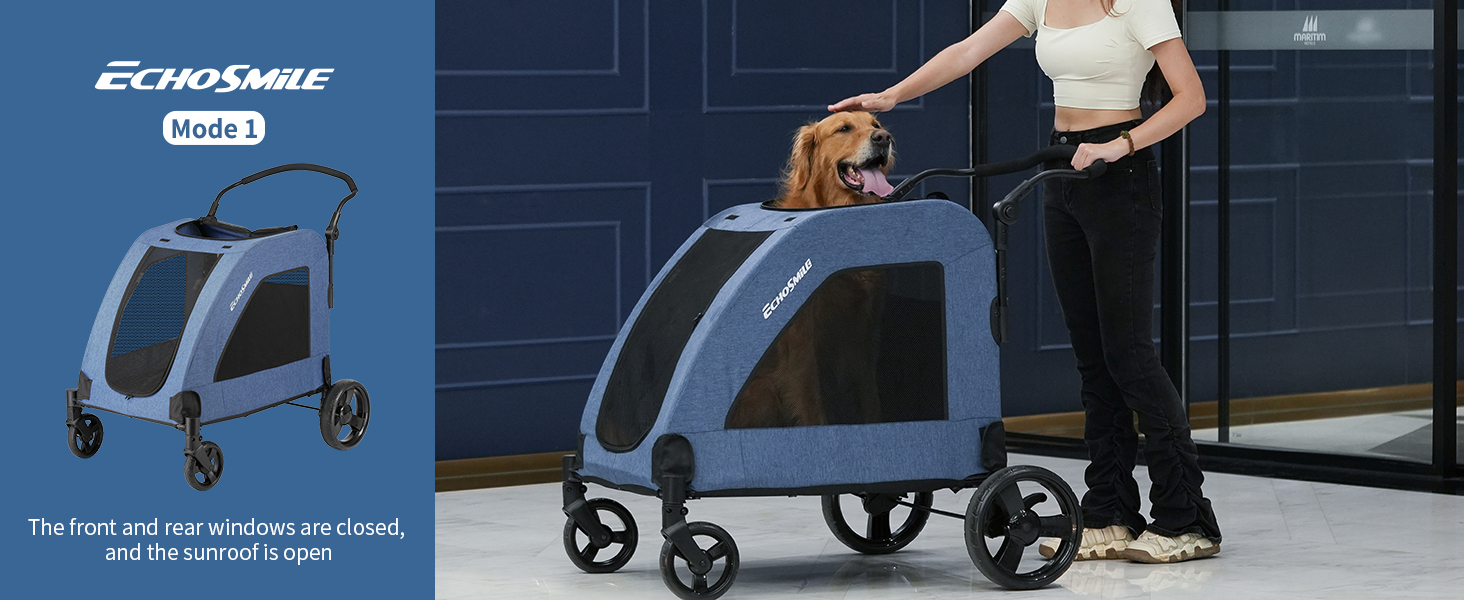 Візок для собак EchoSmile, середній та великий розмір, до 70 кг, складаний, з сітковими вікнами, регульована ручка, 4 проходимі колеса (блакитний)