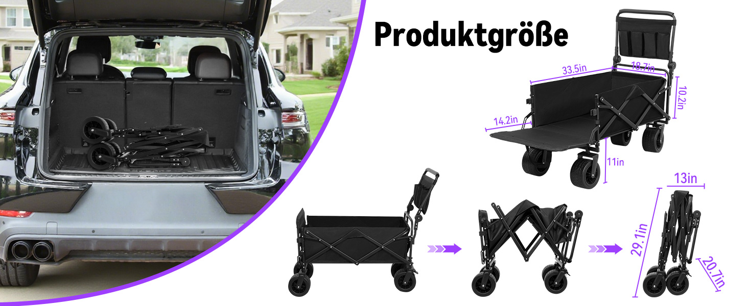 Візок для собак до 50 кг, розкладний, чорний - без даху. Візок-будка з безкамерними шинами для бездоріжжя, регульованою ручкою та заднім отвором для зручного завантаження. Підходить для великих та літніх собак, після операцій.