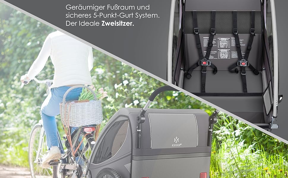 Дитячий велопричіп KESSER® 2в1 з поворотним механізмом 360° та амортизацією. Підходить для 1-2 дітей (до 40 кг). З п'ятиточковим ременем безпеки та сигнальним прапором. Колір: світло-сірий.