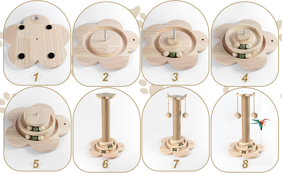 Іграшка для котів 4 в 1: когтеточка, інтерактивна іграшка з кульками, мотузка з сизалю, дерев'яна квітка