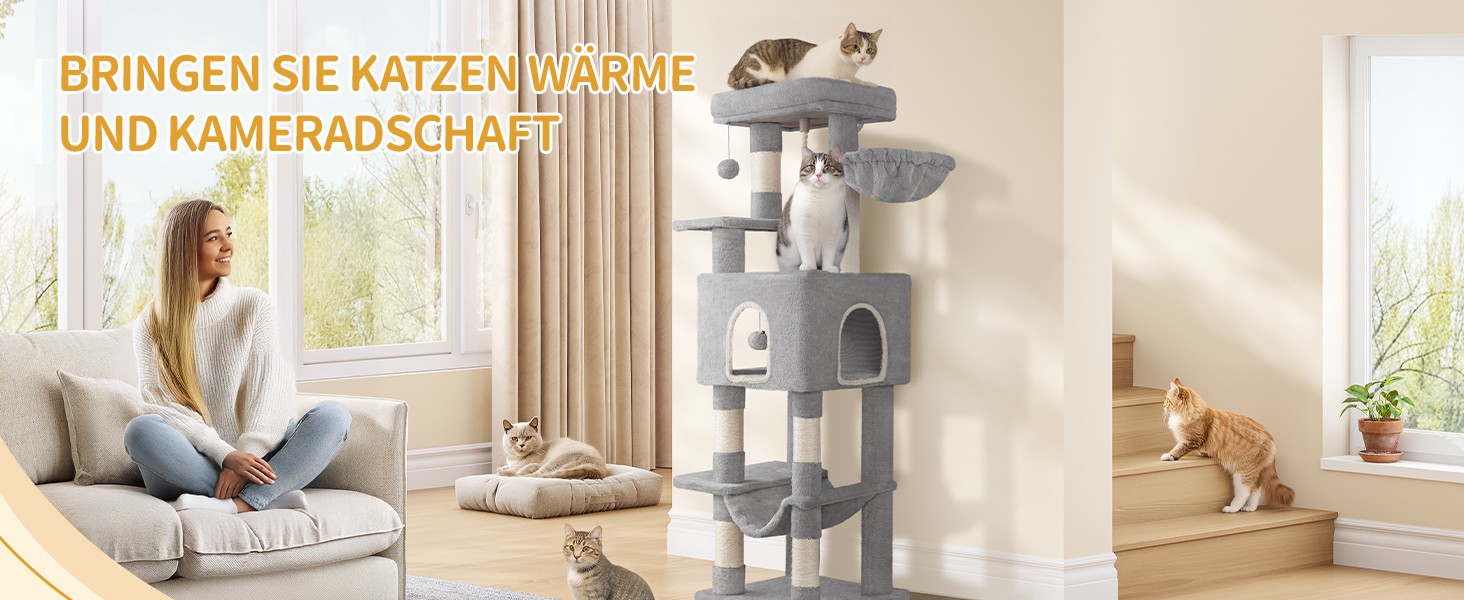 Когтедрашка для котів Hzuaneri, 149 см, з 5 когтеточками, платформами, будиночком, помпонами, сірого кольору MS14918LG