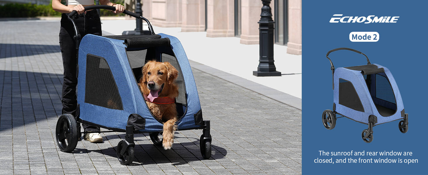 Візок для собак EchoSmile, середній та великий розмір, до 70 кг, складаний, з сітковими вікнами, регульована ручка, 4 проходимі колеса (блакитний)