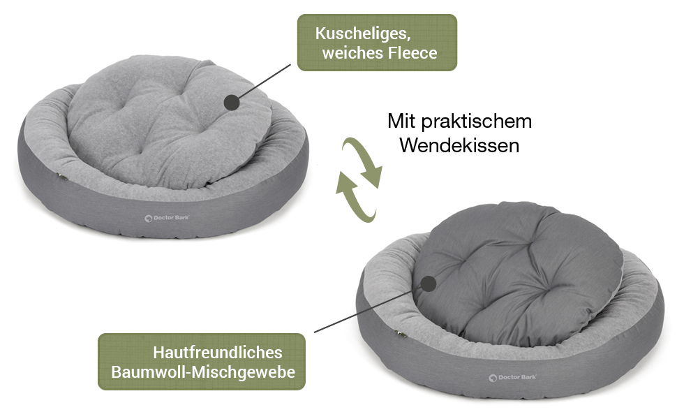 Кругле лежанка для собак великих порід Doctor Bark GreenLabel, 70x60 см, світло-сірий, з м'яким флісовим/бавовняним подушкою