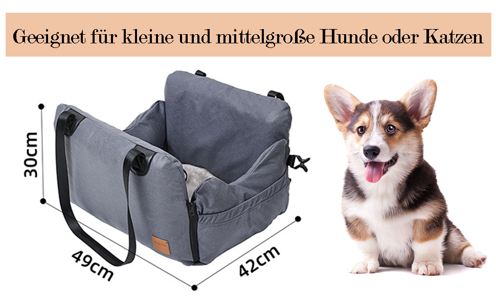 Автокрісло для собак та котів, сіре, з кріпленням та кишенею для зберігання, для маленьких та середніх порід