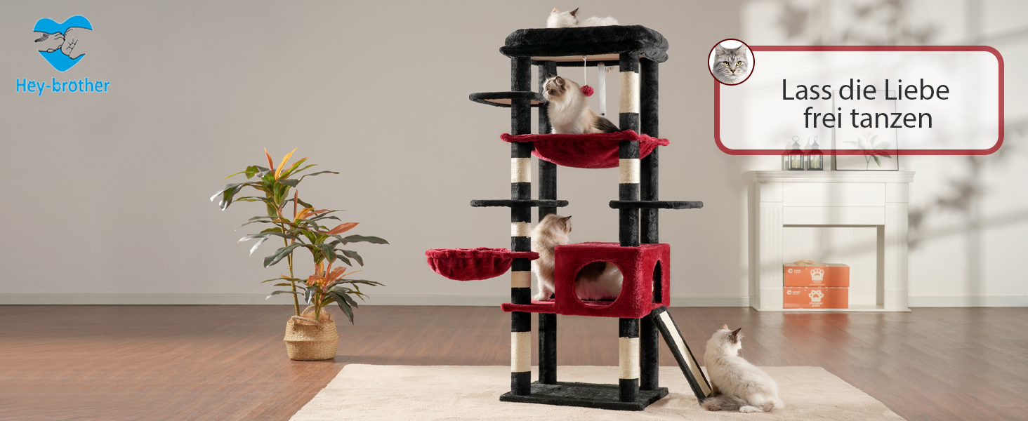 Котячий будиночок Hey-brother Kratzbaum: багатоярусний, 145 см, з лежаком, гамаком та кошиком (червоно-чорний)