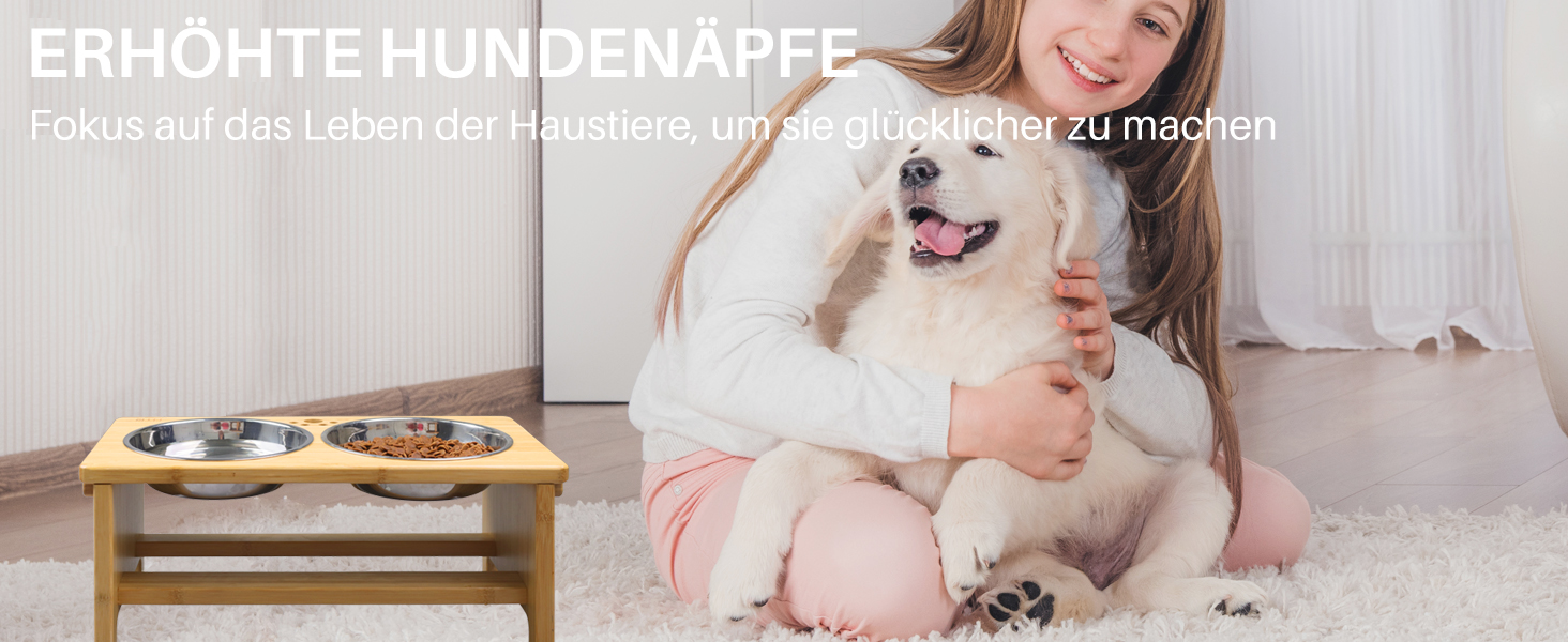 Підвищені годівниці для собак HTB, бамбук, 2 нержавіючі миски, 44x24x18 см, 18 см висота, для собак середніх та великих порід