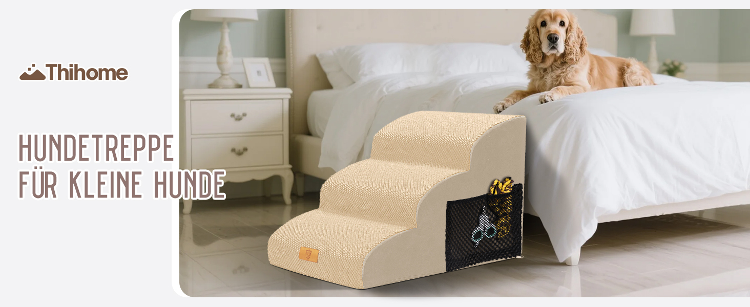 Сходинки для собак, 4 сходинки, знімний поручень, неслизьке покриття, для ліжка та дивану, з високощільним губчастим наповнювачем (3 сходинки, бежевий)