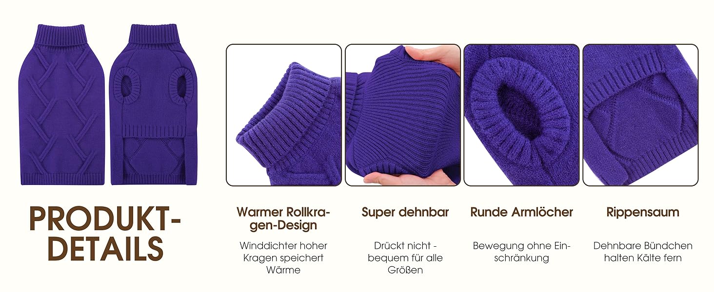 Пуловер для собак середніх порід Queenmore, м'який та теплий, фіолетовий, розмір M