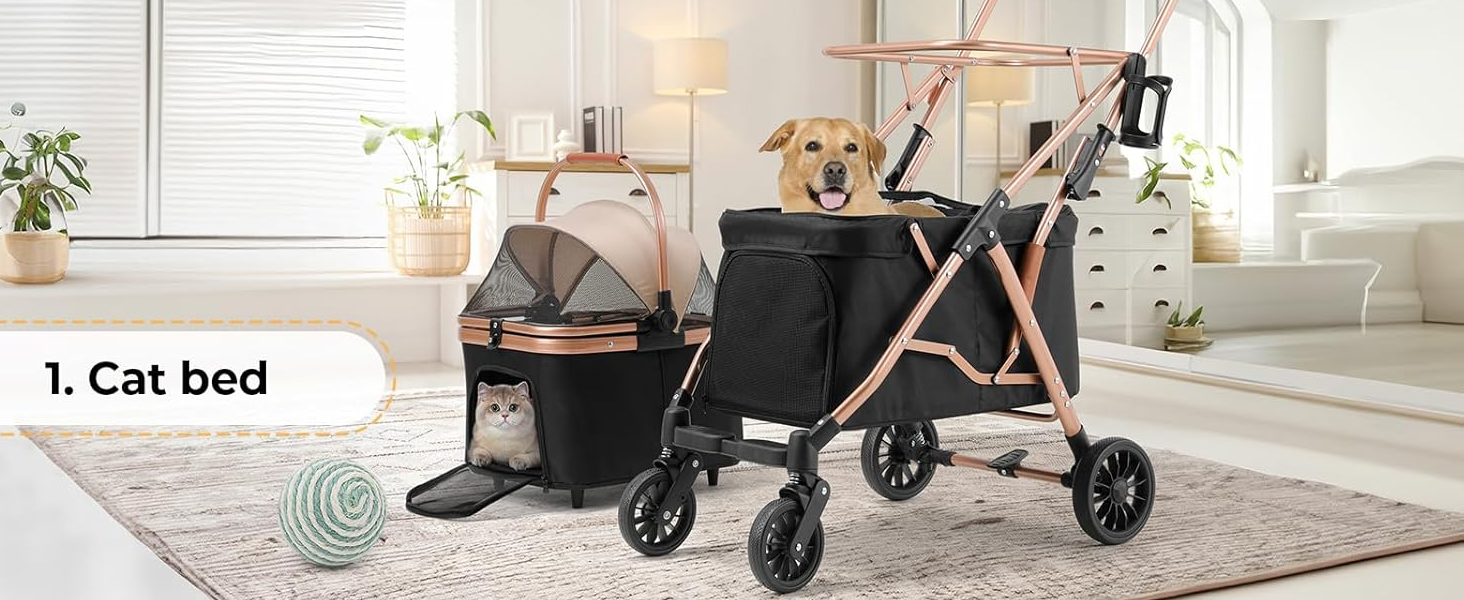 Візок для собак Mamizо 4 в 1, чорний, для 2 тварин до 15 кг, з переносною сумкою та колесами PU