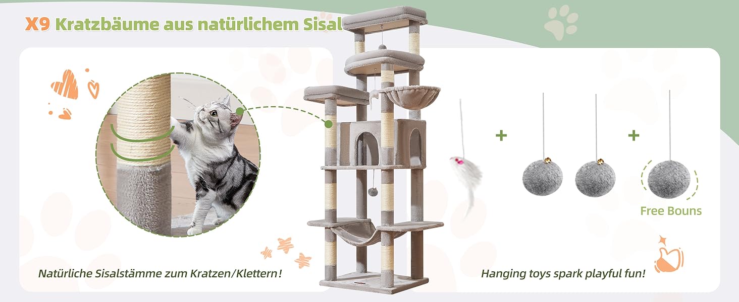 Когтеточка для котів Taoqimiao 180 см XXL, великий котячий комплекс для Maine Coon з будиночком, гамаком, великою платформою, 9 стійок для дряпання, кошиком, зелений