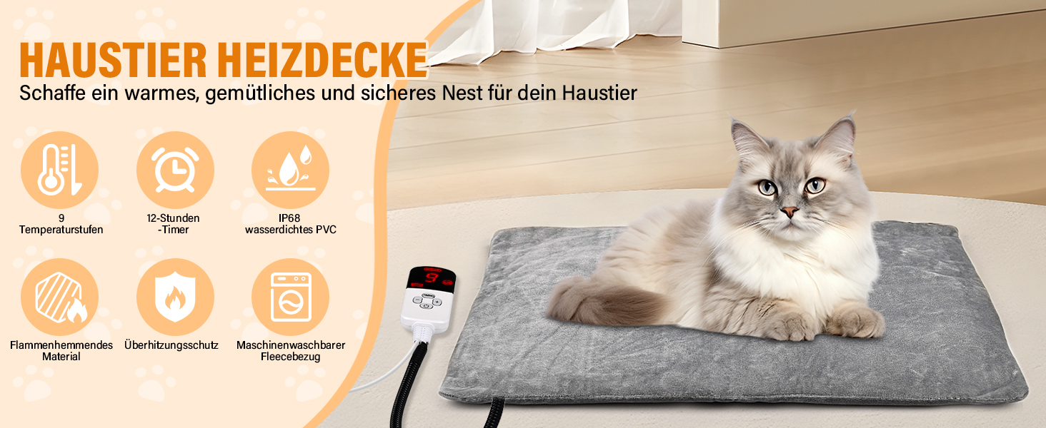 Електрична грілка для котів та собак 45x45 см, 9 рівнів нагріву, таймер 12 годин, з автовимкненням, фланелевий чохол, можна прати