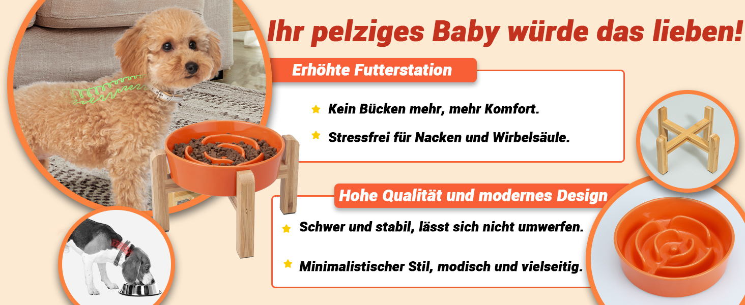 Антислизька годівниця для собак, кераміка, піднята - годівниця для собак на бамбуковому підставці, для повільного годування, для маленьких та середніх собак, білий, діаметр 17 см