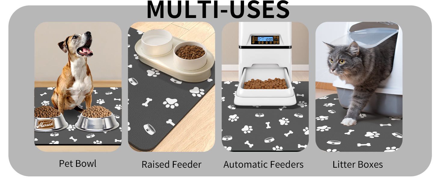 Підкладка для годівлі домашніх тварин – вбираюча підкладка під миски для їжі та води, без плям, швидковисихаюча (темно-сіра, з кількома лапами, 44.5 x 71 см)