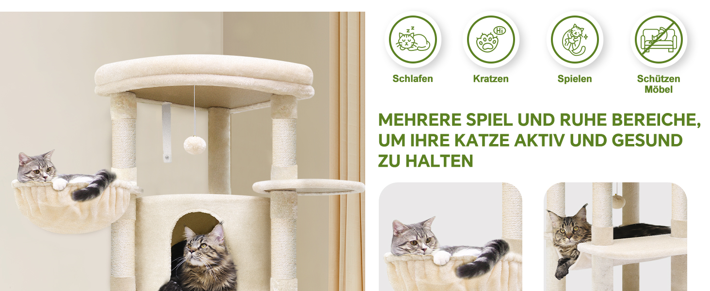 Котячий будиночок Globlazer з подряпуванням, великий, бежевий, 130 см. Стабільний кутовий котячий комплекс з будиночком, платформою, гамаком та м'яким кошиком для кількох котів.