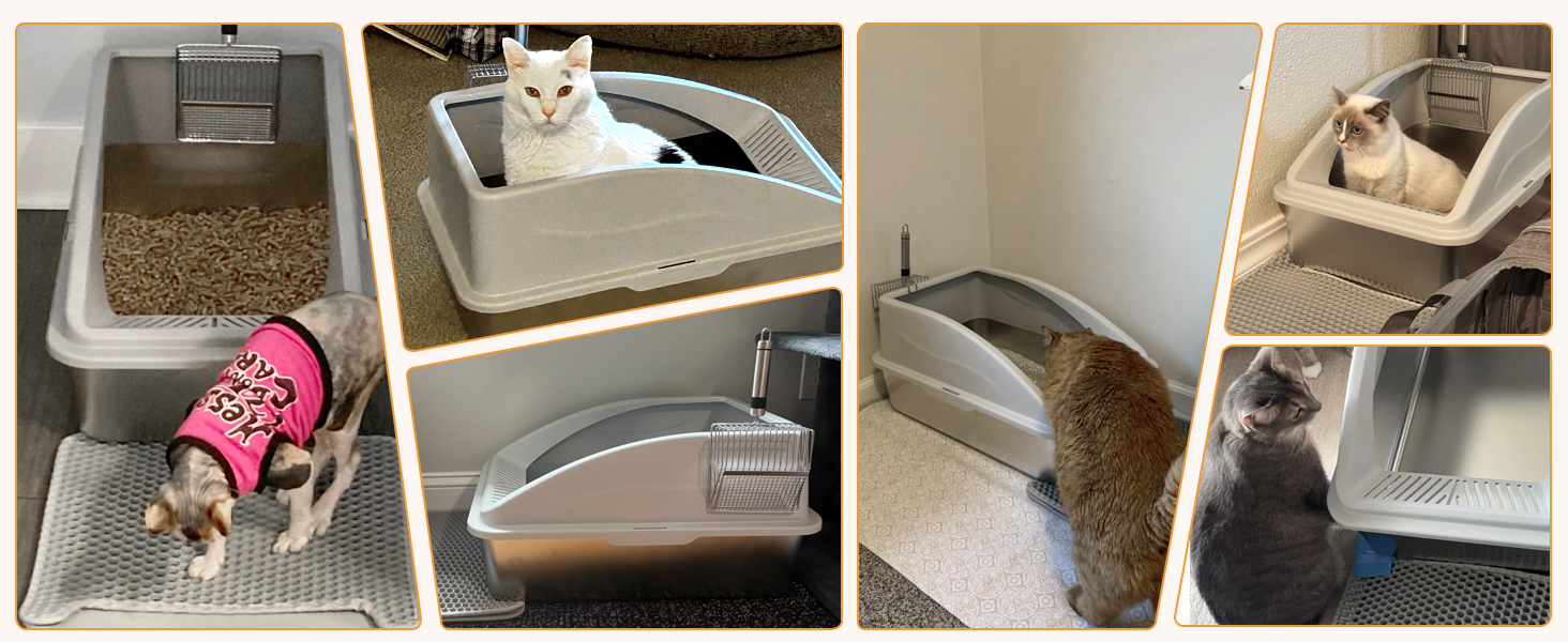 FURTIME Лоток для котів з нержавіючої сталі XXL, 42л, великий об'єм, антивитік, з металевою лопаткою, 60x40x36 см (Сріблясто-сірий)