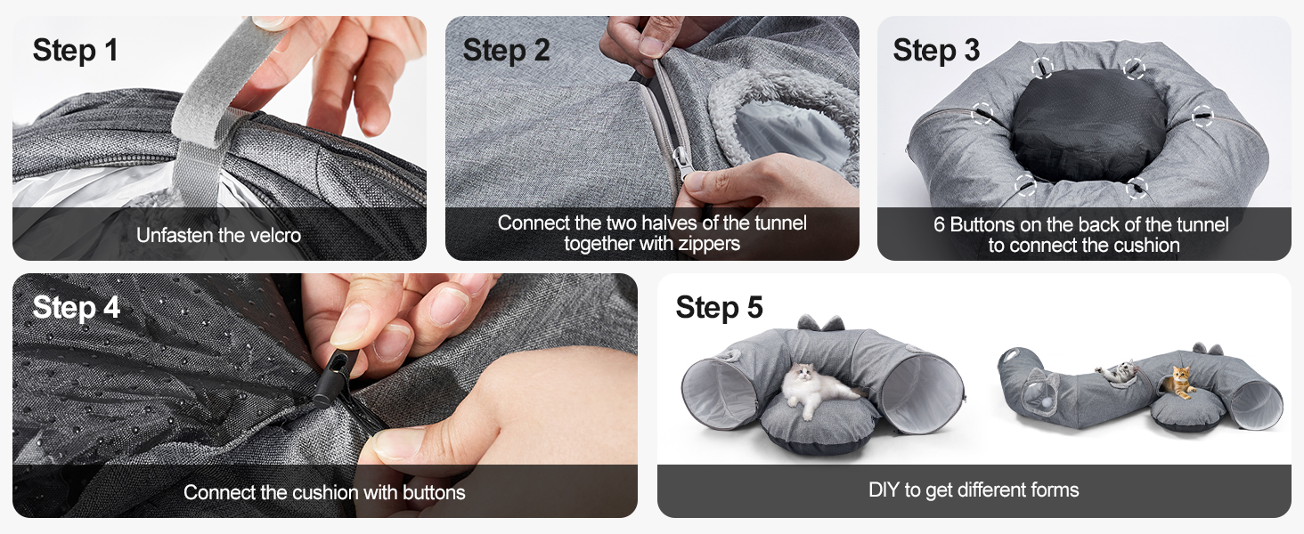 Туннель-ліжко для котів Odoland з м'яким лежком, інтерактивна іграшка з кулькою та шурхотливим тунелем для кошенят, кроликів, цуценят та інших дрібних тварин