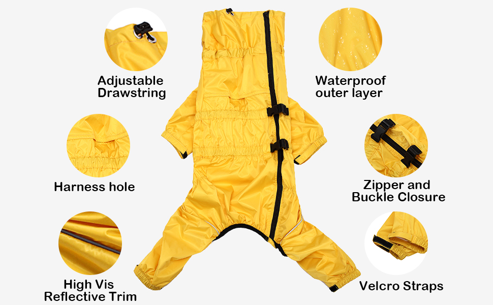 Жовтий дощовик для собак MOREZI з високим коміром, набір з водовідштовхувальним дощовиком, світловідбиваючими смугами та блискавками, підходить для всіх порід собак, великий розмір (довжина спини: 42-45 см)