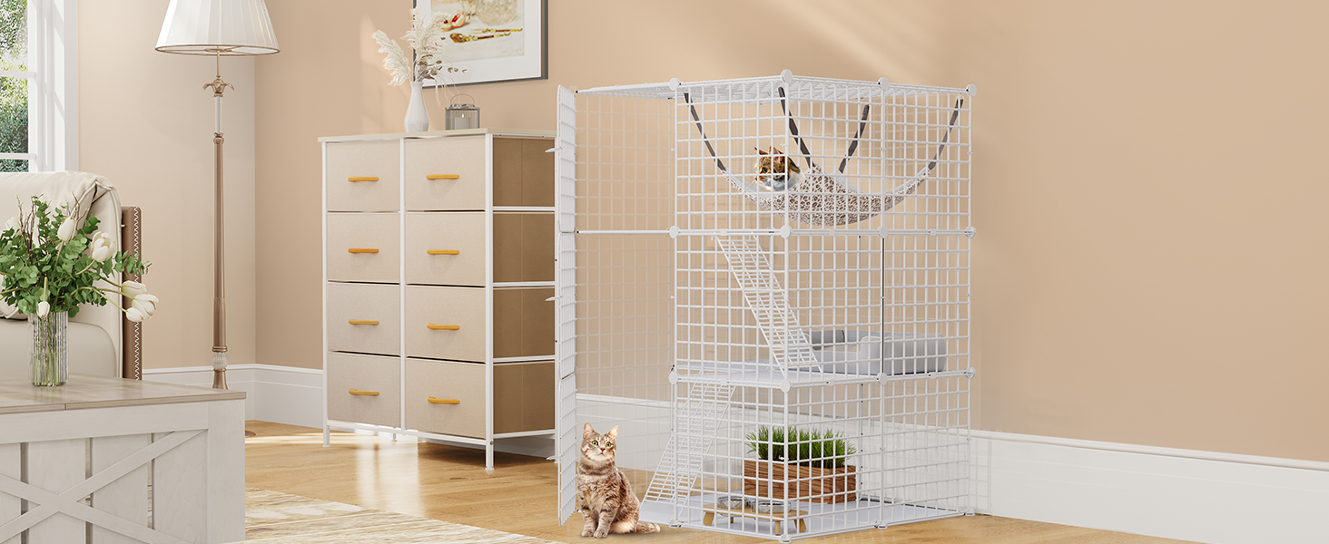 Клітка для котів YITAHOME для дому та вулиці з міцного металевого дроту, DIY-клітка для котів Catio з 2 дверцятами, 1 сходинкою, металевий вольєр для котів, 2-ярусна клітка для котів, кроликів, біла, 71x71x71 см