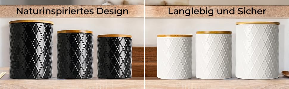 Набір з 3 вазок для зберігання Miamio Palmanova, кераміка з дерев'яним кришкою, білий та чорний кольори