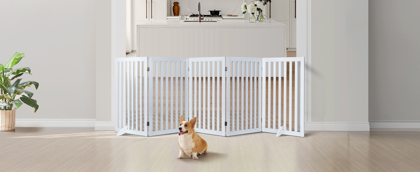 Захисне бар'єр для собак Unipaws: дерев'яне, без свердління, розкладне, для дому, 61 см, білий (5 елементів, 254 x 91 см)