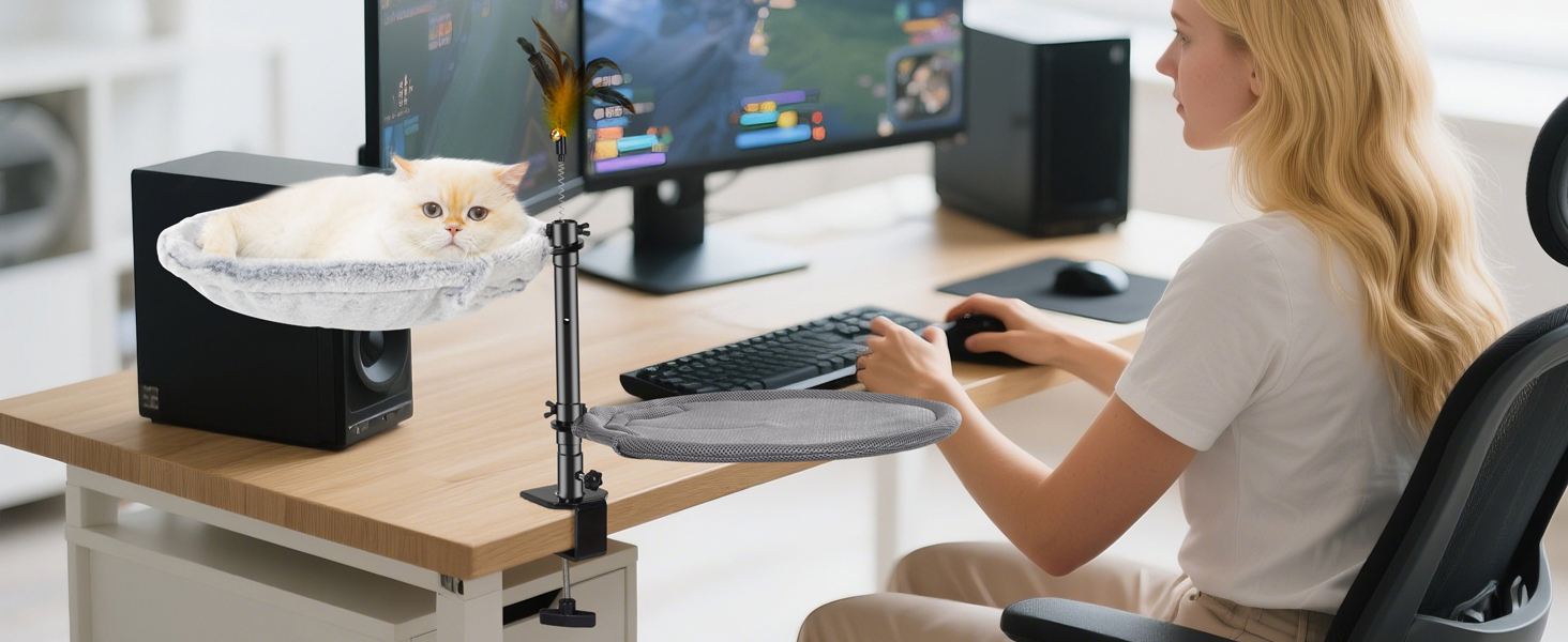 Крісло-лежанка для кота Uross на стіл - 360° обертання та регулювання висоти, м'яка гамачок для котів з 2 знімними чохлами, місце для сну для дому/офісу - для цілорічного використання (двошарове, сіре)